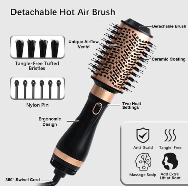 VIVID Professional Blow-dry Hot Air Heated Volumizer Hairdryer Brush,3 Adjustable Temperature,2 unique oval Brush Heads for mid to long hair, Anti-frizz Ceramic Barrel for Fast Drying and Styling.
