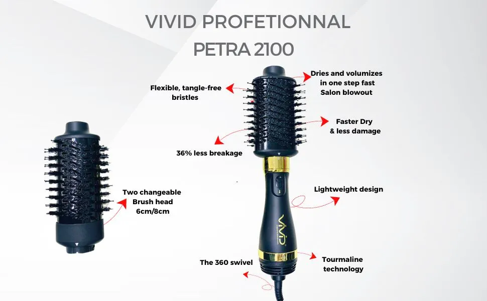 VIVID Professional Blow-dry Hot Air Heated Volumizer Hairdryer Brush,3 Adjustable Temperature,2 unique oval Brush Heads for mid to long hair, Anti-frizz Ceramic Barrel for Fast Drying and Styling.