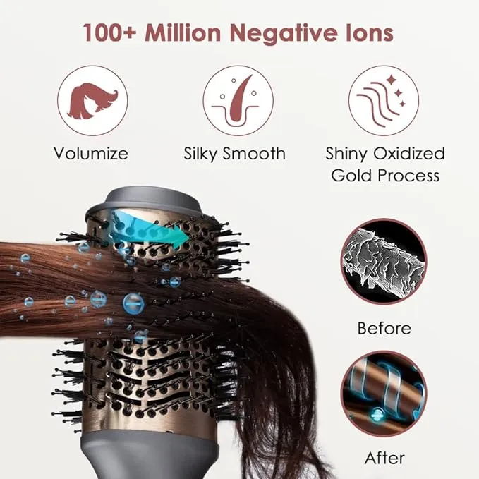 VIVID Professional Blow-dry Hot Air Heated Volumizer Hairdryer Brush,3 Adjustable Temperature,2 unique oval Brush Heads for mid to long hair, Anti-frizz Ceramic Barrel for Fast Drying and Styling.