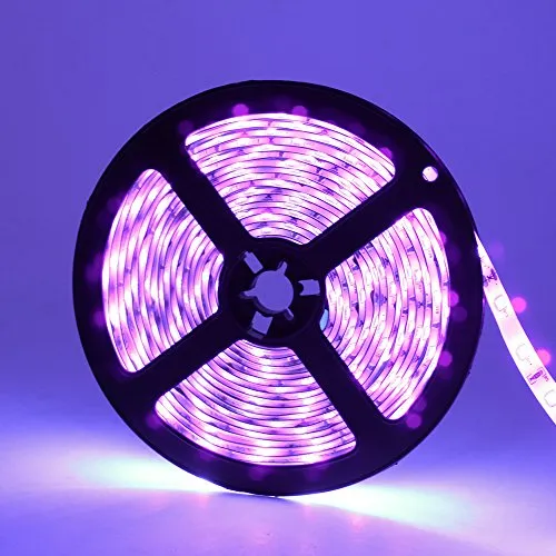 YGS-Tech 24 Watts UV Black Light LED Strip, 16.4FT/5M 3528 300LEDs 395nm-405nm Waterproof IP65 Blacklight Night Fishing Sterilization Implicitly Party with 12V 2A Power Supply