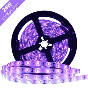 YGS-Tech 24 Watts UV Black Light LED Strip, 16.4FT/5M 3528 300LEDs 395nm-405nm Waterproof IP65 Blacklight Night Fishing Sterilization Implicitly Party with 12V 2A Power Supply