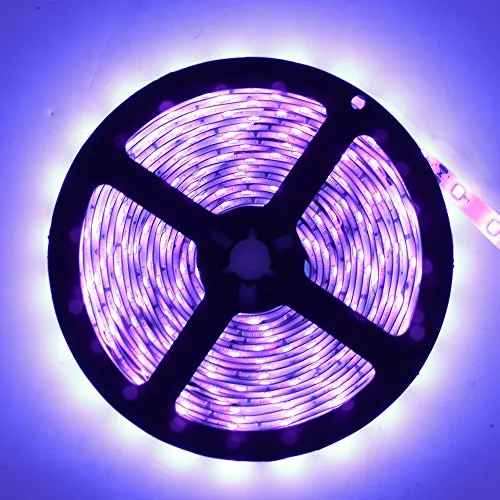 YGS-Tech 24 Watts UV Black Light LED Strip, 16.4FT/5M 3528 300LEDs 395nm-405nm Waterproof IP65 Blacklight Night Fishing Sterilization Implicitly Party with 12V 2A Power Supply