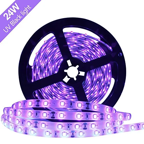 YGS-Tech 24 Watts UV Black Light LED Strip, 16.4FT/5M 3528 300LEDs 395nm-405nm Waterproof IP65 Blacklight Night Fishing Sterilization Implicitly Party with 12V 2A Power Supply