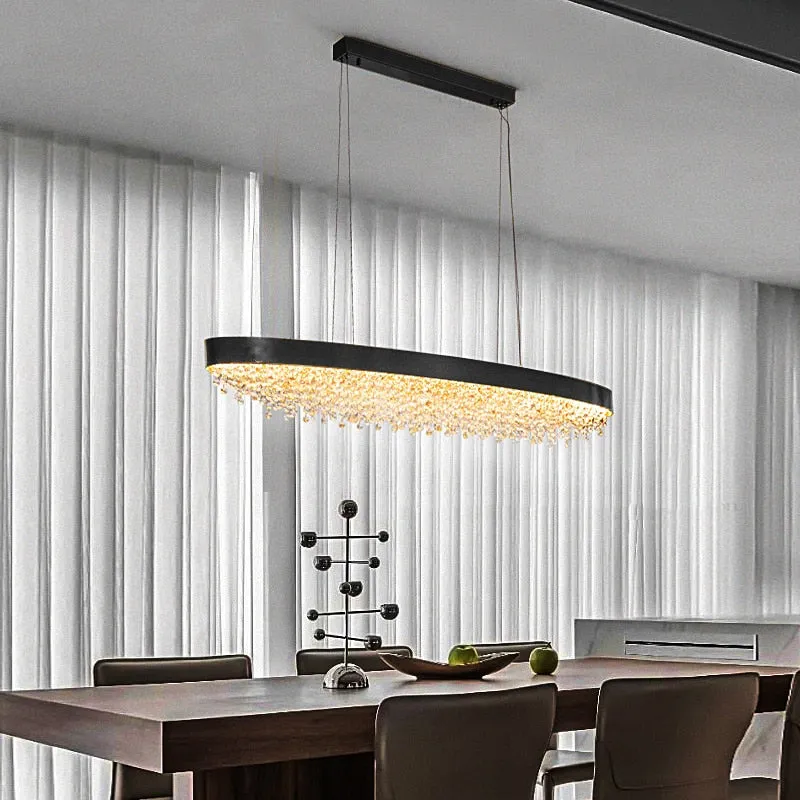 YLK Yasmine Luxury modern crystal chandelier oval design hanging brushed gold kitchen island