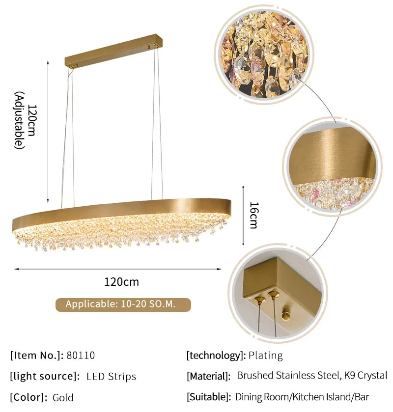 YLK Yasmine Luxury modern crystal chandelier oval design hanging brushed gold kitchen island
