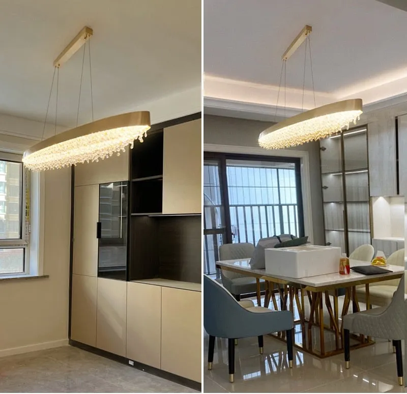 YLK Yasmine Luxury modern crystal chandelier oval design hanging brushed gold kitchen island