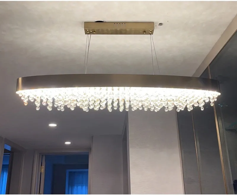 YLK Yasmine Luxury modern crystal chandelier oval design hanging brushed gold kitchen island